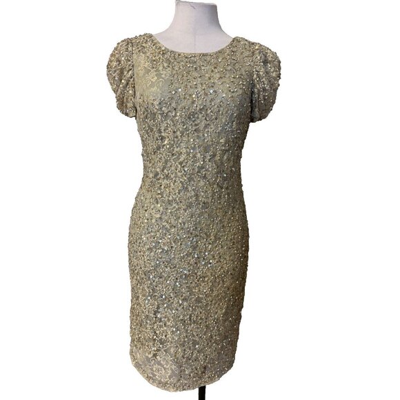 JS Collection Short Sleeve Sheath Dress 6 Sequin Gold Pewter Party Wedding - Picture 1 of 10